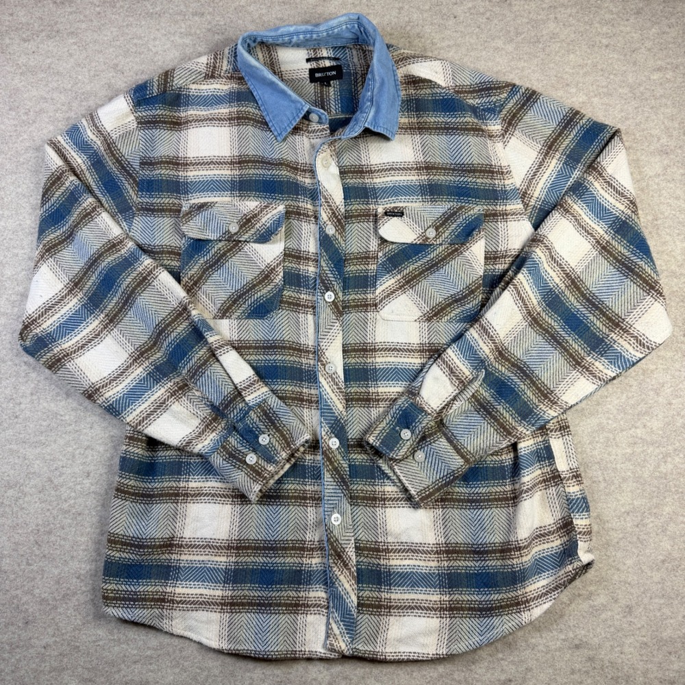 Brixton Bowery Flannel Shirt Mens L Blue Brown Plaid Denim Collar Standard Fit